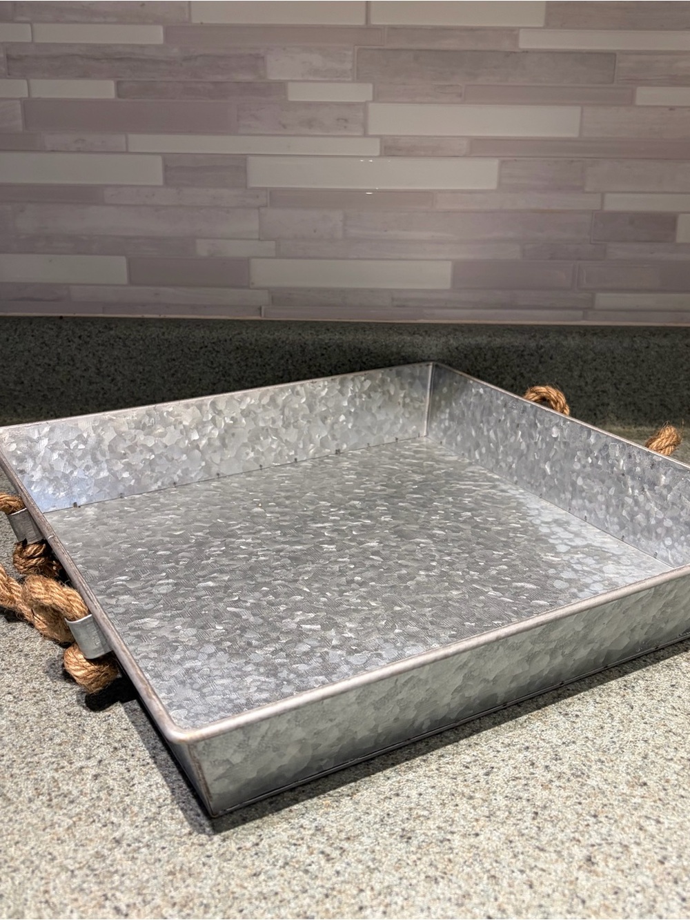 Galvanized Metal Serving Tray with Rope Handles - Silver